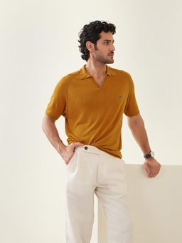 Andamen - Men Mustard Solid Regular Fit Collar Neck Linen Polo T-Shirt