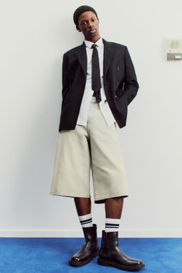 H&M - Men Black Relaxed Fit Double-Breasted Linen-Blend Jacket