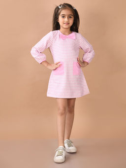 Lilpicks - Girls Full Sleeves Mini Checkered Pattern Dress - Pink