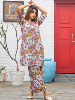 Odette - Womens Brown Cotton Printed Stitched Co Ord (Set of 2)