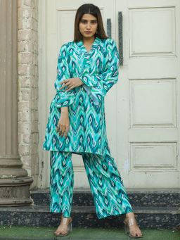 Odette - Womens Turquoise Cotton Printed Stitched Co Ord (Set of 2)