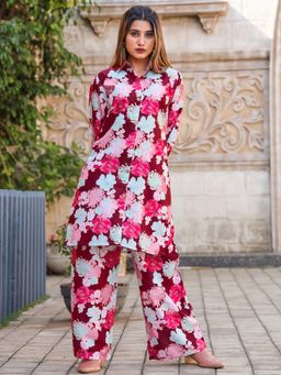 Odette - Womens Maroon Cotton Printed Stitched Co Ord (Set of 2)