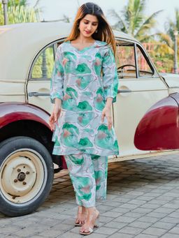Odette - Womens Blue Cotton Printed Stitched Co Ord (Set of 2)