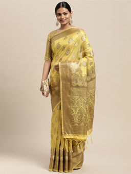 Sareemall - Womens Silk Blend Yellow Woven Design Woven Saree with Unstitched Blouse