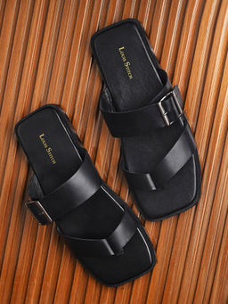 Louis Stitch - Jet Black Open Toe Lightweight T-Strap Leather Sandal with Adjustable Buckle Strap
