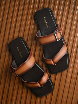 Louis Stitch - Tan Open Toe Lightweight T-Strap Leather Sandal with Adjustable Buckle Strap