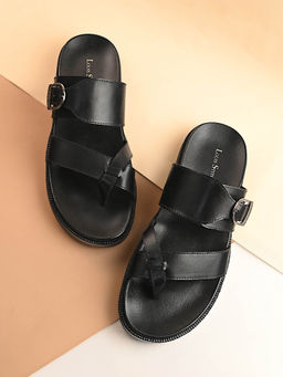 Louis Stitch - Jet Black Toe Ring Lightweight Leather Sandal with Adjustable Buckle