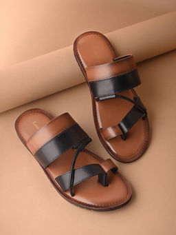 Louis Stitch - Tan and Black Open Toe Style Lightweight Toe Ring Leather Sandal