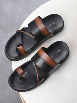 Louis Stitch - Black and Tan Open Toe Style Lightweight Toe Ring Leather Sandal