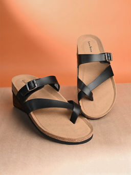 Louis Stitch - Black Lightweight Open Toe Double Strap Slip-on Cork Sandal