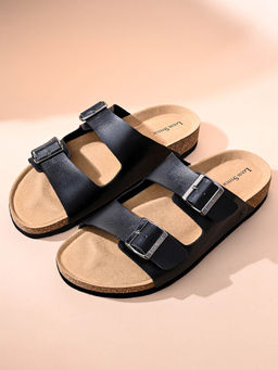 Louis Stitch - Black Lightweight Open Toe Double Strap Slip-on Cork Sandal
