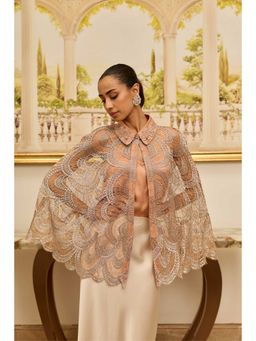 Dareiss - Women Pearl-Whim Salmon Peach Chantilly French Lace Cape Jacket