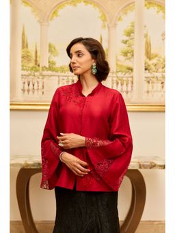 Dareiss - Red Golden Echo Cherry Red Hand Embroiderred French Lace Dupion Silk Shirt