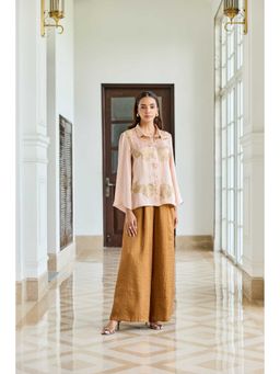 Dareiss - Pink Rosette Pink Symmetrical Lace Applique Satin Silk Shirt