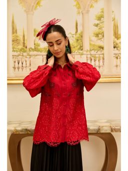 Dareiss - Red Crimson Bloom Hand Embroidered French Lace Habotai Silk Shirt
