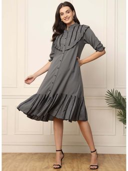 Deebaco - Grey Solid Tiered Women Shirt Midi Dress with Lace Work