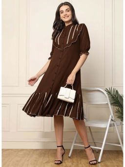 Deebaco - Brown with Yoke Designed Tiered Women Shirt Midi Dress
