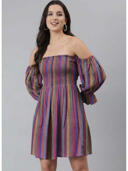Deebaco - Off Shoulder Multicolour Stripes Mini Dress