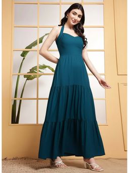 Deebaco - Teal Solid Halter Neck Tiered Womens Plus Size Maxi Dress