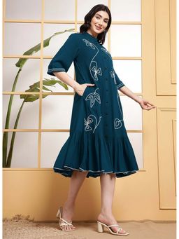 Deebaco - Teal Embroidered Tiered Womens Shirt Midi Dress