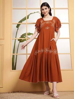 Deebaco - Rust Squared Neck Tiered Embroidered Womens Midi Dress