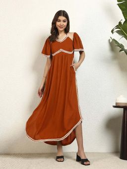 Deebaco - Rust Viscose Rayon Solid A Line Slit Womens Midi Dress