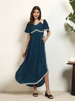 Deebaco - Teal Viscose Rayon Solid A Line Slit Womens Midi Dress