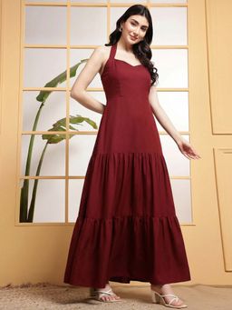 Deebaco - Maroon Solid Halter Neck Tiered Womens Plus Size Maxi Dress
