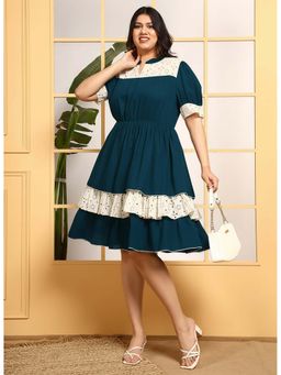 Deebaco - Teal With Womens Plus Size Tiered Knee Length Dress