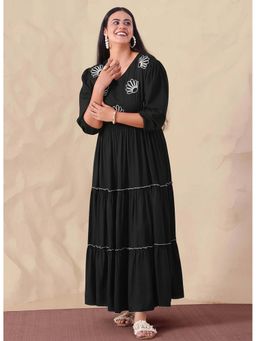 Deebaco - Black Pure Rayon Embroidered Tiered Maxi Dress