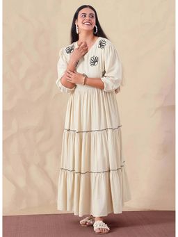 Deebaco - Off White Pure Cotton Embroidered Tiered Maxi Dress