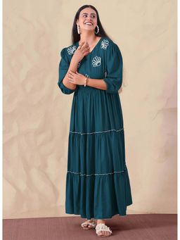 Deebaco - Teal Pure Rayon Embroidered Tiered Maxi Dress
