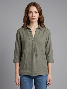 Odette - Olive Green Cotton Plain Top For Women