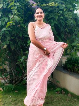 APAAPI THREADS OF GLORY - Pink Embroidered Chikankari Organza Saree with Unstitched Blouse