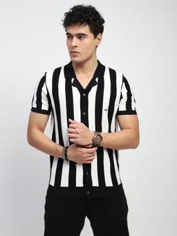Global Republic - Men Black Viscose Blend Stripes Relaxed Fit Polo T-Shirt
