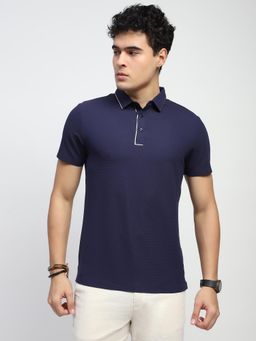 Global Republic - Men Navy Blue Nylon Solid Regular Fit Polo T-Shirt