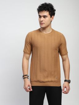 Global Republic - Men Khaki Cotton Solid Regular Fit T-Shirt