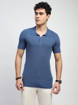Global Republic - Men Blue Cotton Textured Regular Fit Polo T-Shirt