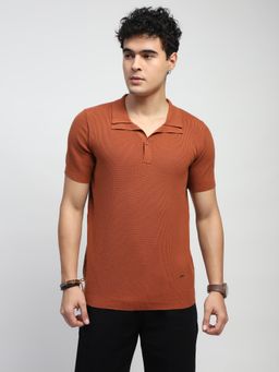 Global Republic - Men Brown Cotton Textured Regular Fit Polo T-Shirt