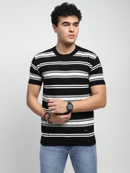 Global Republic - Men Black Cotton Stripes Regular Fit T-Shirt
