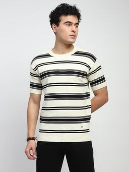 Global Republic - Men Off White Cotton Stripes Regular Fit T-Shirt