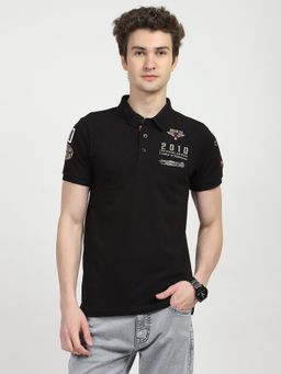 Global Republic - Men Black Cotton Printed Regular Fit Polo T-Shirt