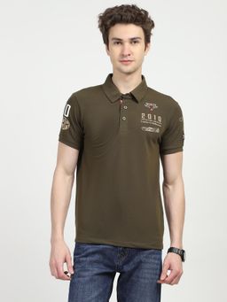 Global Republic - Men Olive Cotton Printed Regular Fit Polo T-Shirt