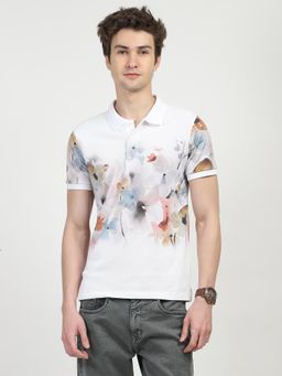 Global Republic - Men White Cotton Floral Regular Fit Polo T-Shirt