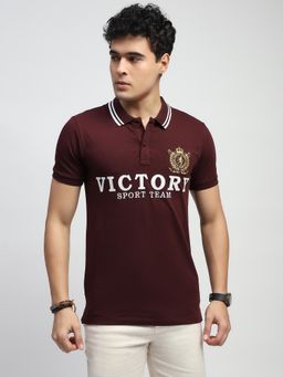 Global Republic - Men Maroon Cotton Typography Regular Fit Polo T-Shirt