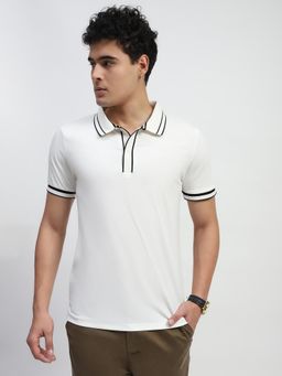 Global Republic - Men Off White Cotton Blend Solid Regular Fit Polo T-Shirt