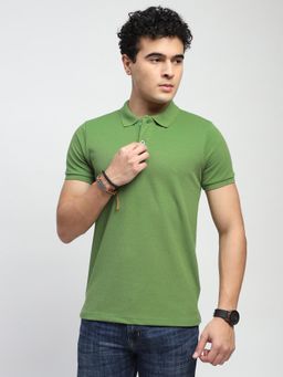 Global Republic - Men Green Cotton Blend Textured Regular Fit Polo T-Shirt