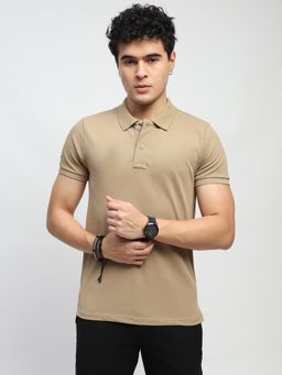 Global Republic - Men Khaki Cotton Blend Textured Regular Fit Polo T-Shirt