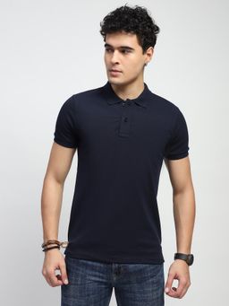 Global Republic - Men Navy Blue Cotton Blend Textured Regular Fit Polo T-Shirt
