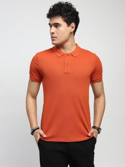 Global Republic - Men Rust Cotton Blend Textured Regular Fit Polo T-Shirt